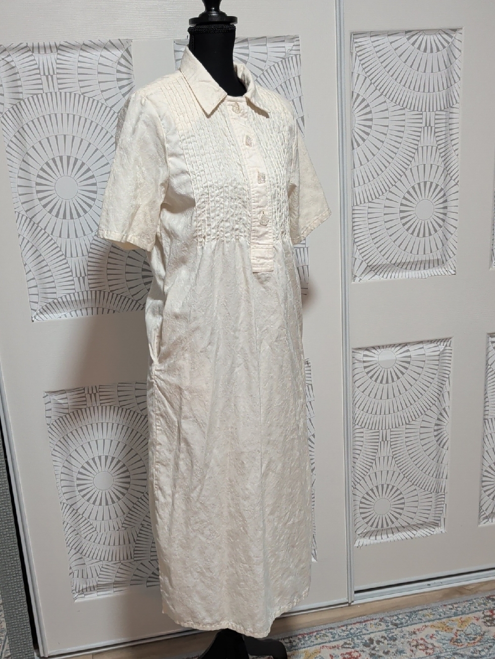 Vintage 80's Classic Cream Pintuck Cotton Dress With Pockets And Shoulder Pads - Picture 4 of 7